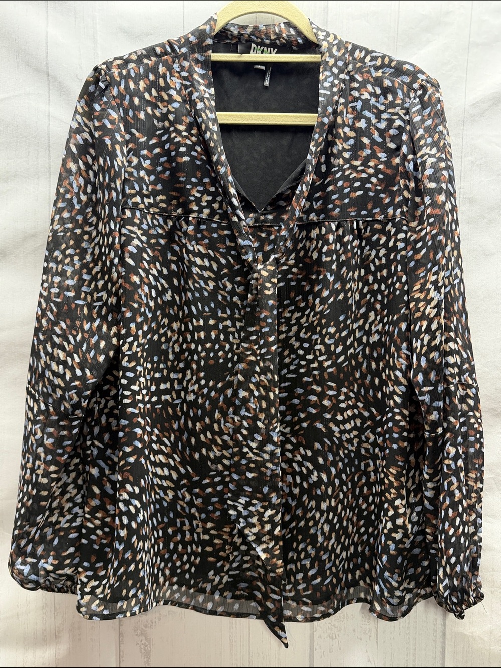DKNY Black with Tan and Light Blue Dot Print Long Sleeve Tie Neck Blouse Large